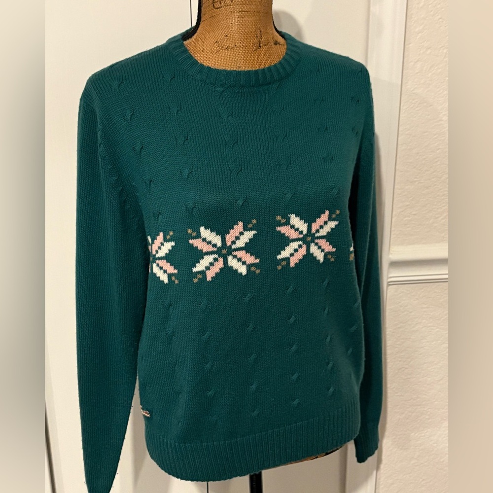 Lacoste Vintage 90βs Teal Green Knitted Snowflake Print Fair Isle Sweater Large - Picture 3 of 7